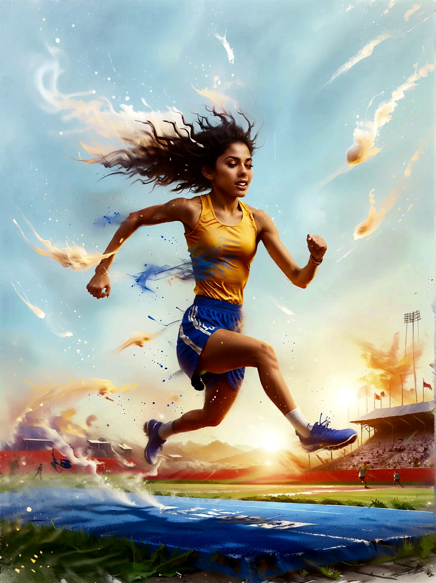 A dynamic scene unfolds on a professional athletics track where an intense competition is in progress. The setting sun in the background casts a warm light on the field, revealing an athlete, a determined South Asian woman in her mid-twenties, intensely focused on the task at hand. With her running shoes kicking up small dust clouds from the track, she is in the process of leaping over a hurdle. The hurdle, a strip of bright aluminum with a bar painted white and black for visibility, stands seemingly insurmountable but not for our athlete. Her muscles are tensioned, her form flawless as she jumps over it, in her royal blue and yellow athletic attire.