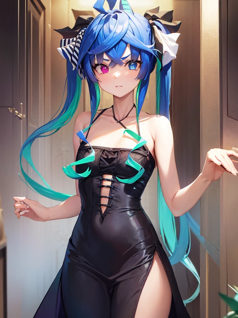 (​masterpiece、top-quality、hight resolution)、Depict a woman who has just been recognized by a familiar man as a call girl. She stands in front of him, her expression a mix of pleading and resignation. She says, "You might have questions, but please, don't ask anything. Right now, treat me as just a call girl. Thank you for choosing me. My name is [Insert Alias]." Her attire is that of a call girl, and the dimly lit room emphasizes her emotional state. The focus should be on her, with her emotions and body language conveying her request to be treated as a professional in this moment. Twin_Turbo_Umamusume, aqua hair, twintails, heterochromia, purple eyes, blue eyes, sharp teeth, ((flat chest)), hores tails, nsfw