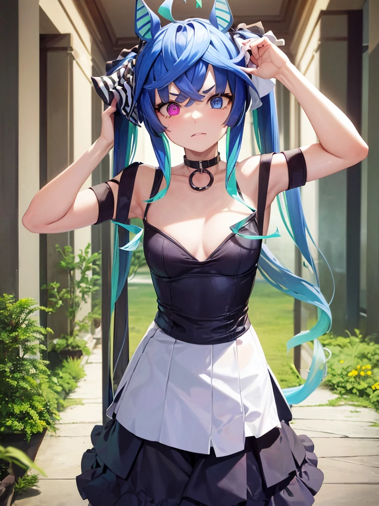 (​masterpiece、top-quality、hight resolution)、Depict a woman who has just been recognized by a familiar man as a call girl. She stands in front of him, her expression a mix of pleading and resignation. She says, "You might have questions, but please, don't ask anything. Right now, treat me as just a call girl. Thank you for choosing me. My name is [Insert Alias]." Her attire is that of a call girl, and the dimly lit room emphasizes her emotional state. The focus should be on her, with her emotions and body language conveying her request to be treated as a professional in this moment. Twin_Turbo_Umamusume, aqua hair, twintails, heterochromia, purple eyes, blue eyes, sharp teeth, ((flat chest)), hores tails, nsfw