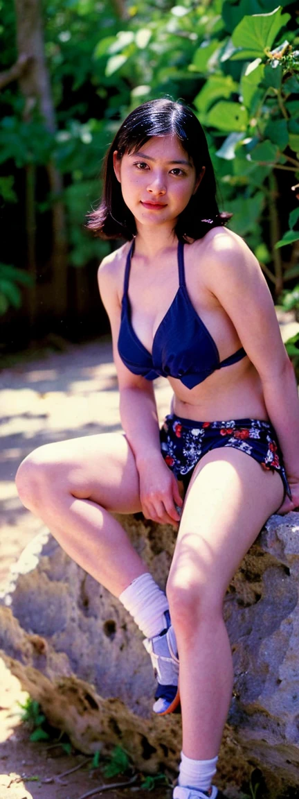Open shirt, (((Leaning forward))), ((,Round face, Around ,mini skirt、loose tank top)), Long Hair, , Natural Makeup, Lips become thicker, Sexy Gaze, barefoot, ((Raise one leg)), Shooting from below,Gentle expression ,((Extremely precise and accurate anatomy)), (masterpiece:1.43), Perfect proportions, Realistic photos, Full Shot, whole body, (height: 165cm),