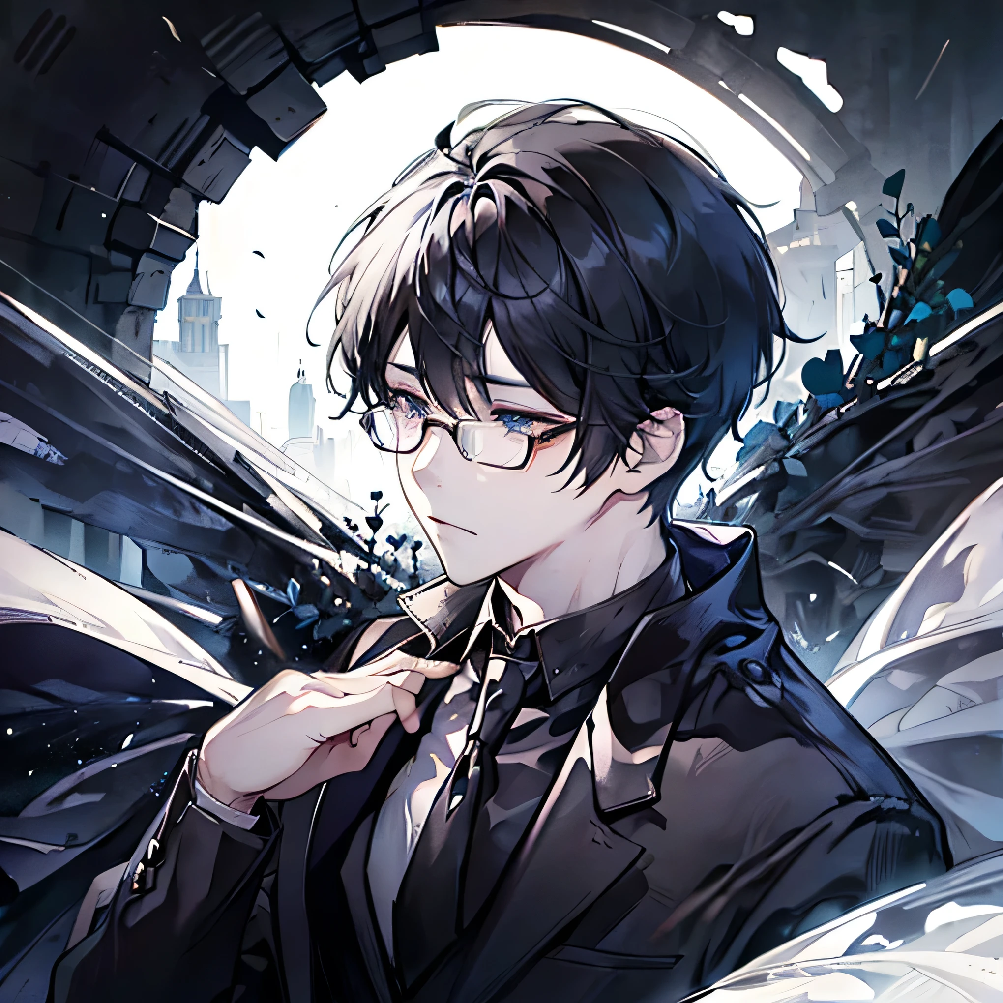 Glasses、Black Hair、Short Hair、suit、Black gloves、Blue Eyes、Soft Light、male、1 person、portrait、profile、White