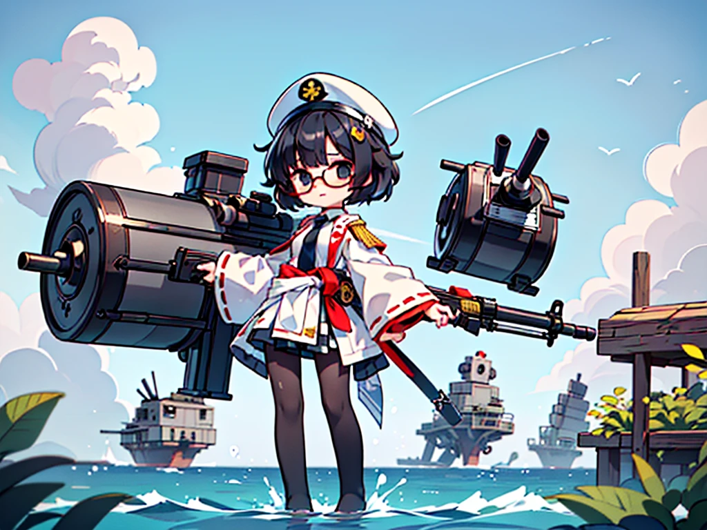 (((masterpiece, Vision))), ((((Full body of a woman with perfect flat chest、1 Female、solo、Short unkempt black hair、Tie your messy hair at the nape of your neck、white military jacket、Miko costume、black tights、Black glasses、White military cap、Cloudy black eyes、Confused eyes、Junyo-inspired emblem)))), (((Shipgirl))), ((Floating on the morning sea with both feet)), (Standing with your legs apart)), Aim, (Hold the shotgun turret grip with your right hand), (Equipped with a large caliber turret on a mechanical tail extending from the waist), (Equipped with a bridge on the back), (His left arm holds the grip of a triple machine gun),
