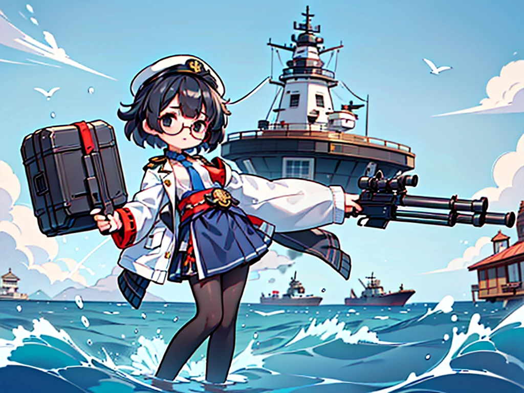 (((masterpiece, Vision))), ((((Full body of a woman with perfect flat chest、1 Female、solo、Short unkempt black hair、Tie your messy hair at the nape of your neck、white military jacket、Miko costume、black tights、Black glasses、White military cap、Cloudy black eyes、Confused eyes、Junyo-inspired emblem)))), (((Shipgirl))), ((Floating on the morning sea with both feet)), (Standing with your legs apart)), Aim, (Hold the shotgun turret grip with your right hand), (Equipped with a large caliber turret on a mechanical tail extending from the waist), (Equipped with a bridge on the back), (His left arm holds the grip of a triple machine gun),