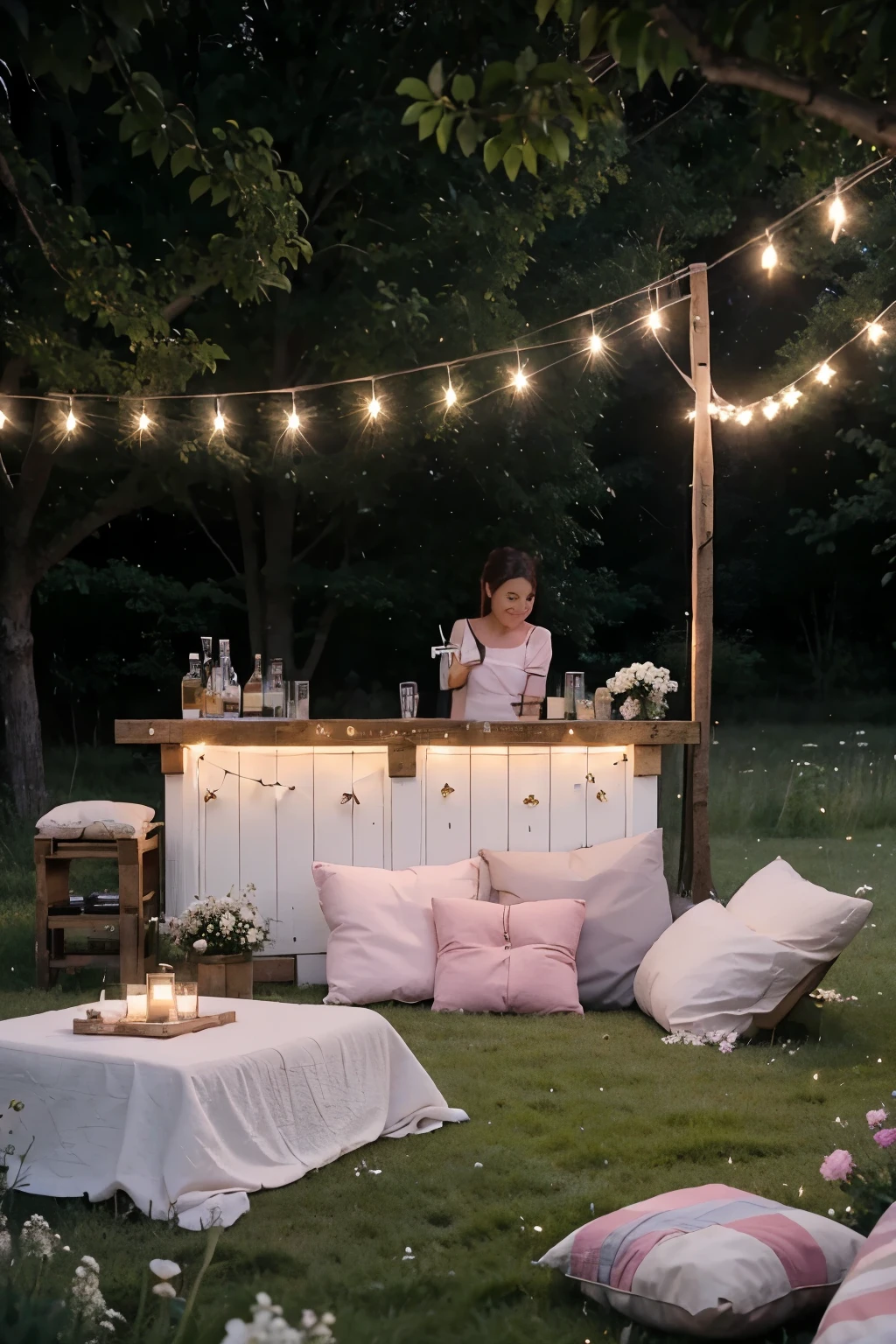 A small self-built bar made of a few pallets on a meadow. The bar is decorated with pink and white flowers and a string of lights. There are pink and white cushions and blankets on the lawn for sitting. cozy.