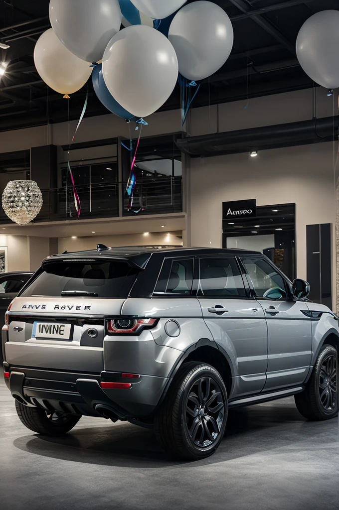 Rangerover evoque key in a female's hand and a rangerover evoque in arroios-grey colour in the background with balloons in the air in a showroom.