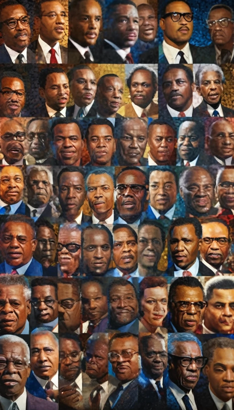 A mosaic of faces of notable Civil Rights leaders, background dark sun, hyper realistic, ultra detailed hyper realistic, photorealistic, Studio Lighting, reflections, dynamic pose, Cinematic, Color Grading, Photography, Shot on 50mm lens, Ultra-Wide Angle, Depth of Field, hyper-detailed, beautifully color, 8k