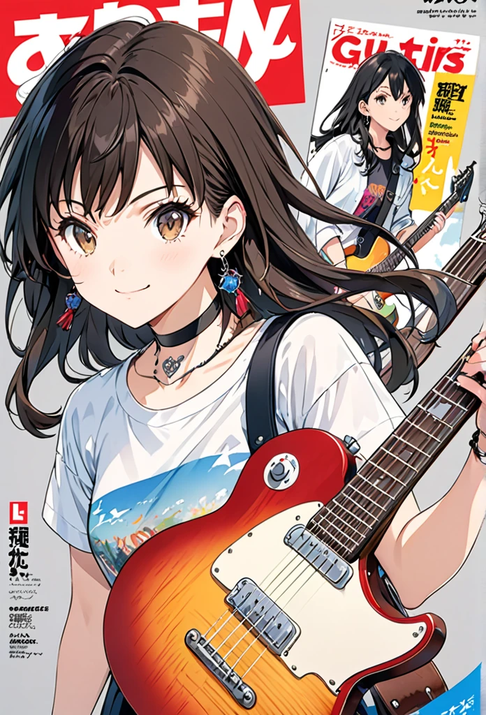 anime artwork magazine cover,magazine cover illustration,magazine cover illustration,1girl,guitar,instrument,reference inset,black hair,shirt,solo,jewelry,white shirt,electric guitar,holding,t-shirt,photo inset,simple background,ring,looking at viewer,choker,earrings,holding instrument,print shirt,short sleeves,long hair,grey background,white background,smile,black choker,brown eyes,. anime style, key visual, vibrant, studio anime, highly detailed
