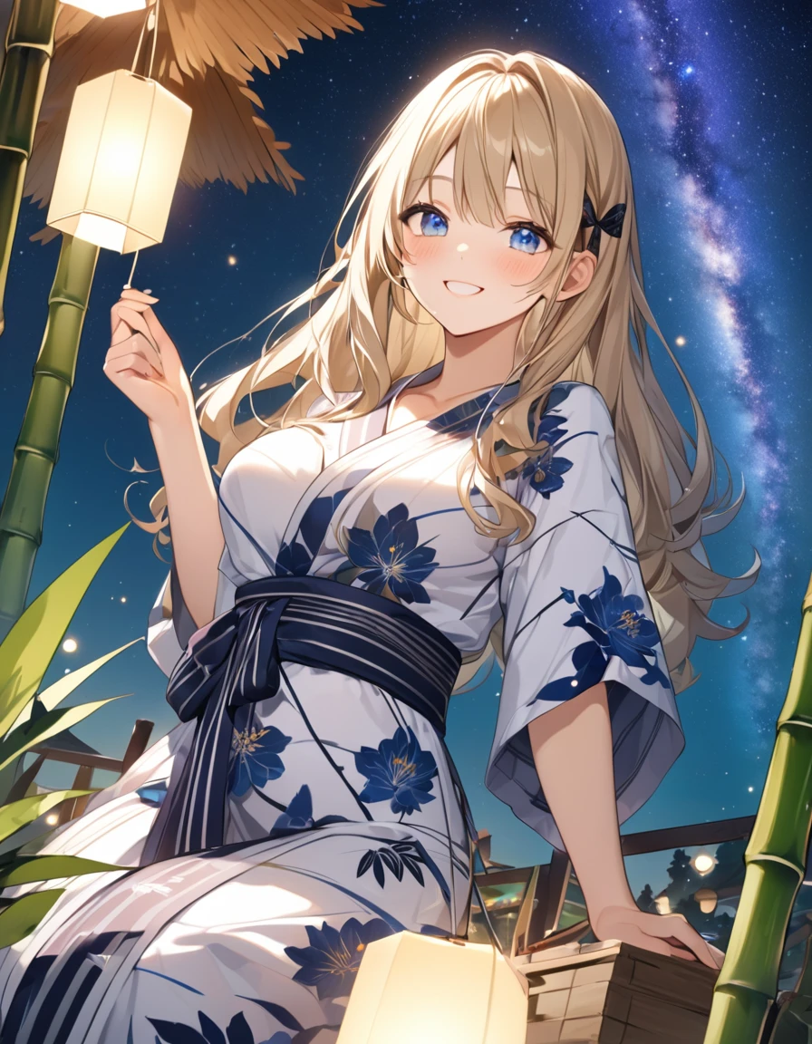 (Highest qualityのイラスト:1.2), (cute女の子:1.1), (1 girl、17 years old、Highest qualityのイラスト:1.2), (1 girl、Kind eyes、blue eyes:1.2)、Blonde、Semi-long hair、Mature、Larger breasts、(Highest quality、Very detailed、cute、Ultra-high resolution) 、Yukata、smile、night、Tanabata、Strip、Bamboo leaf、night空、milky way