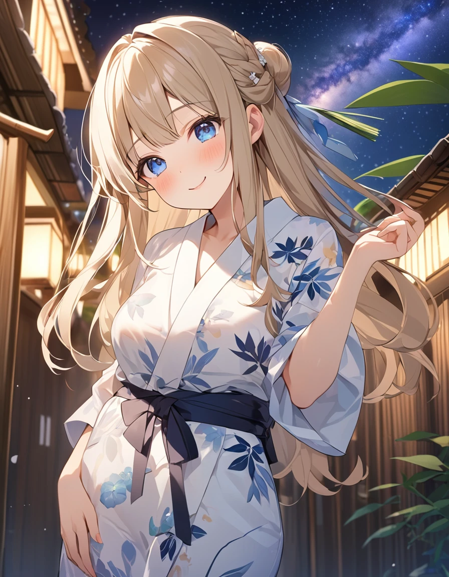 (Highest qualityのイラスト:1.2), (cute女の子:1.1), (1 girl、17 years old、Highest qualityのイラスト:1.2), (1 girl、Kind eyes、blue eyes:1.2)、Blonde、Semi-long hair、Mature、Larger breasts、(Highest quality、Very detailed、cute、Ultra-high resolution) 、Yukata、smile、night、Tanabata、Strip、Bamboo leaf、night空、milky way