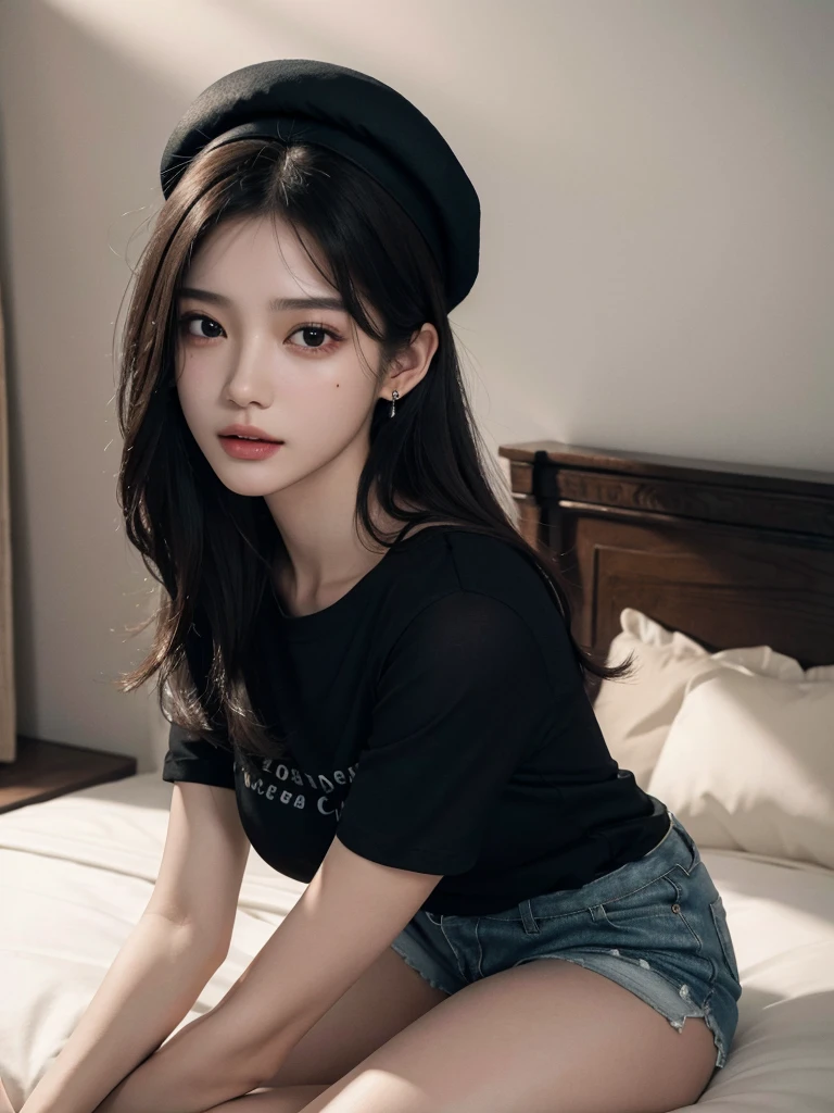 absurdres, RAW photo, extremely delicate and beautiful, masterpiece, Best Quality, ultra high resolution, 32k, hyperrealistic, ultra-detailed, delicate facial features, beautiful detailed woman, tearful mole, earring, medium breasts, (full body shot), medium hair, black hair, beret, T-shirt, shorts,