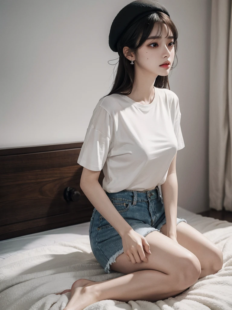 absurdres, RAW photo, extremely delicate and beautiful, masterpiece, Best Quality, ultra high resolution, 32k, hyperrealistic, ultra-detailed, delicate facial features, beautiful detailed woman, tearful mole, earring, medium breasts, (full body shot), medium hair, black hair, beret, T-shirt, shorts,
