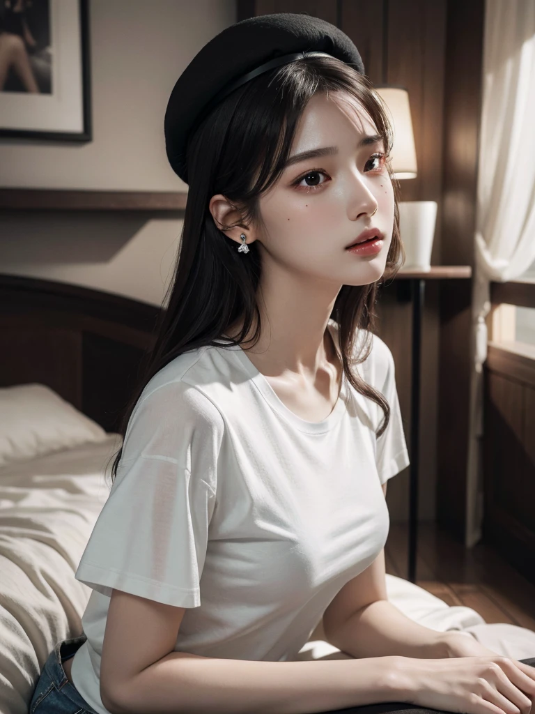 absurdres, RAW photo, extremely delicate and beautiful, masterpiece, Best Quality, ultra high resolution, 32k, hyperrealistic, ultra-detailed, delicate facial features, beautiful detailed woman, tearful mole, earring, medium breasts, (full body shot), medium hair, black hair, beret, T-shirt, shorts, 
