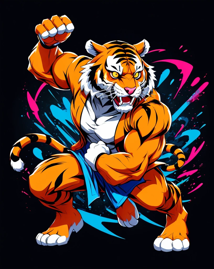 Tiger animal with fighting game style, Hip-Hop Style, t shirt design, flat-colors, vectorial art, ((black backdrop)) . dynamic, Vibrant, full of action, detailed character design, reminiscent of fighting video games
