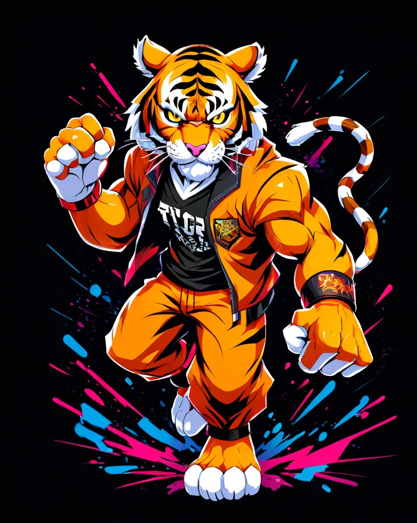Tiger animal with fighting game style, Hip-Hop Style, t shirt design, flat-colors, vectorial art, ((black backdrop)) . dynamic, Vibrant, full of action, detailed character design, reminiscent of fighting video games