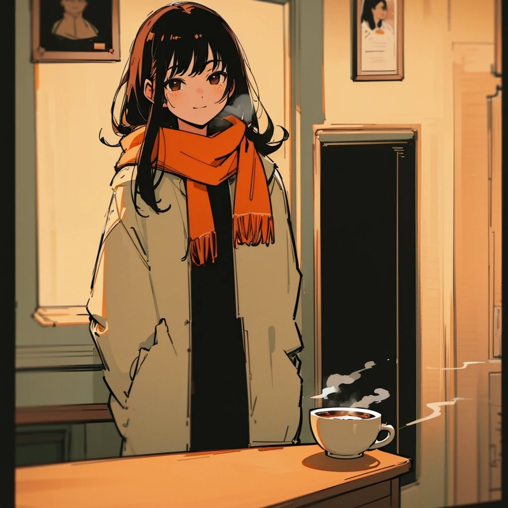 20 year old dark-haired woman、Staying calm、Gentle light、Black background、coffee、head shot、Lo-fi illustration、A relaxing sight、In a warm room、scarf、hoodie、Steam from a hot drink、I feel safe、smile、seems to be happy、Orange lamp shade、Restaurant、Kanban Lady