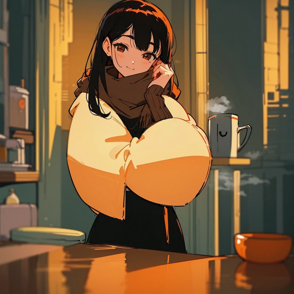 20 year old dark-haired woman、Staying calm、Gentle light、Black background、coffee、head shot、Lo-fi illustration、A relaxing sight、In a warm room、scarf、hoodie、Steam from a hot drink、I feel safe、smile、seems to be happy、Orange lamp shade、Restaurant、Kanban Lady
