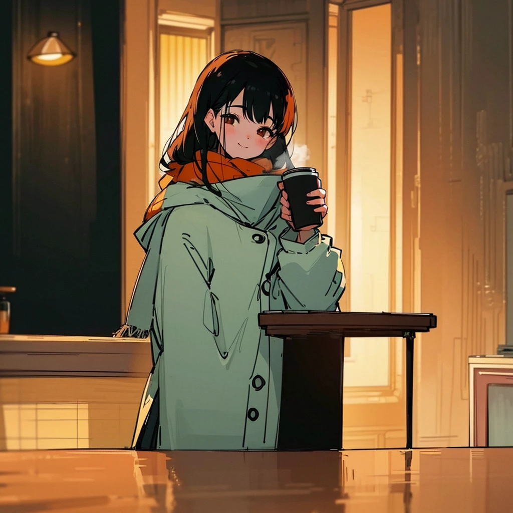 20 year old dark-haired woman、Staying calm、Gentle light、Black background、coffee、head shot、Lo-fi illustration、A relaxing sight、In a warm room、scarf、hoodie、Steam from a hot drink、I feel safe、smile、seems to be happy、Orange lamp shade、Restaurant、Kanban Lady