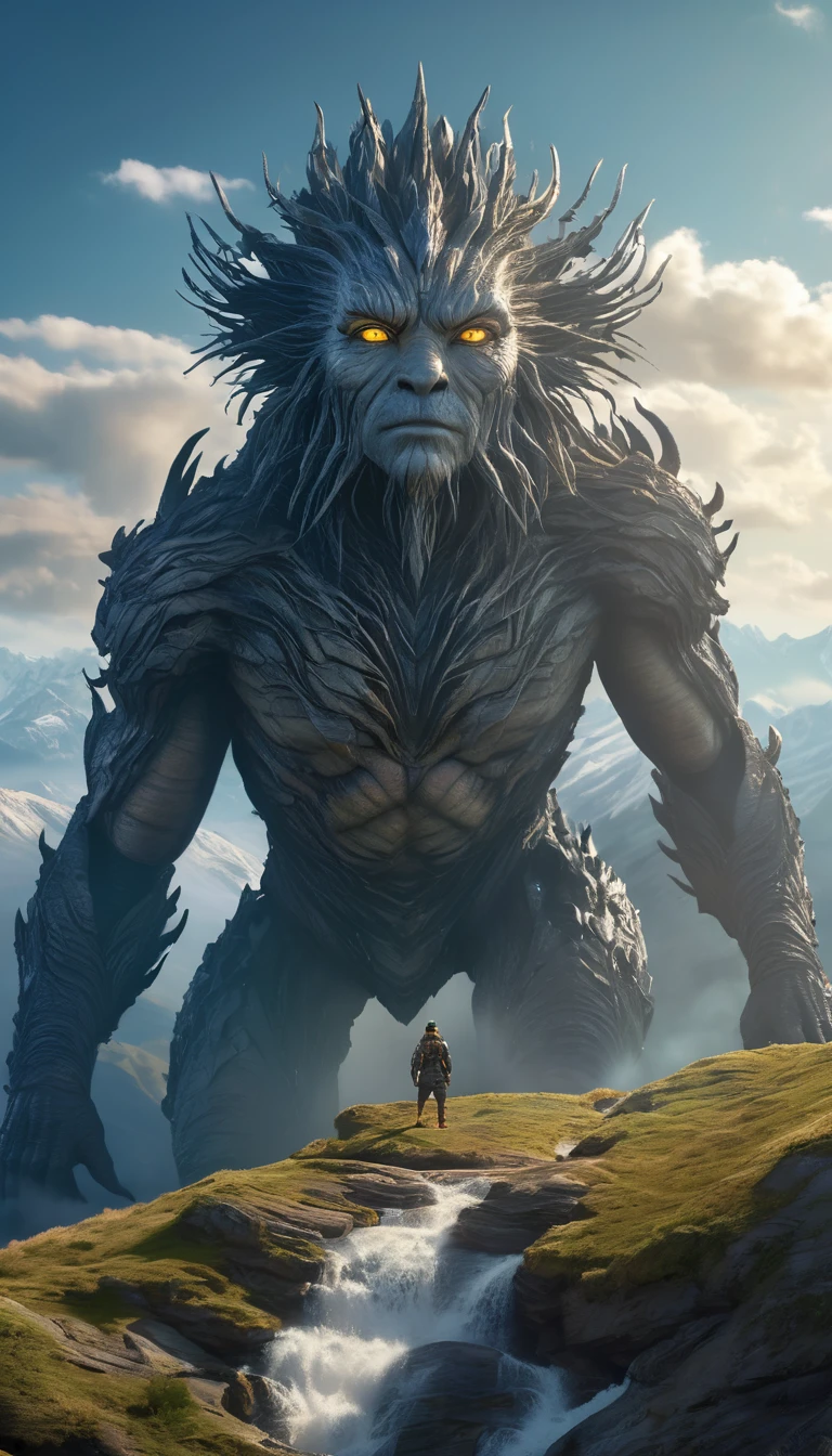 Panoramic front view，There is a humanoid creature on the mountain，Full of hair（best quality，4K，8K，High level，masterpiece：1.2），Ultra Detailed，（lifelike，Photo real，Photo real：1.37），Highly detailed animals，Complex patterns，Realistic lighting，Fantasy Creatures
