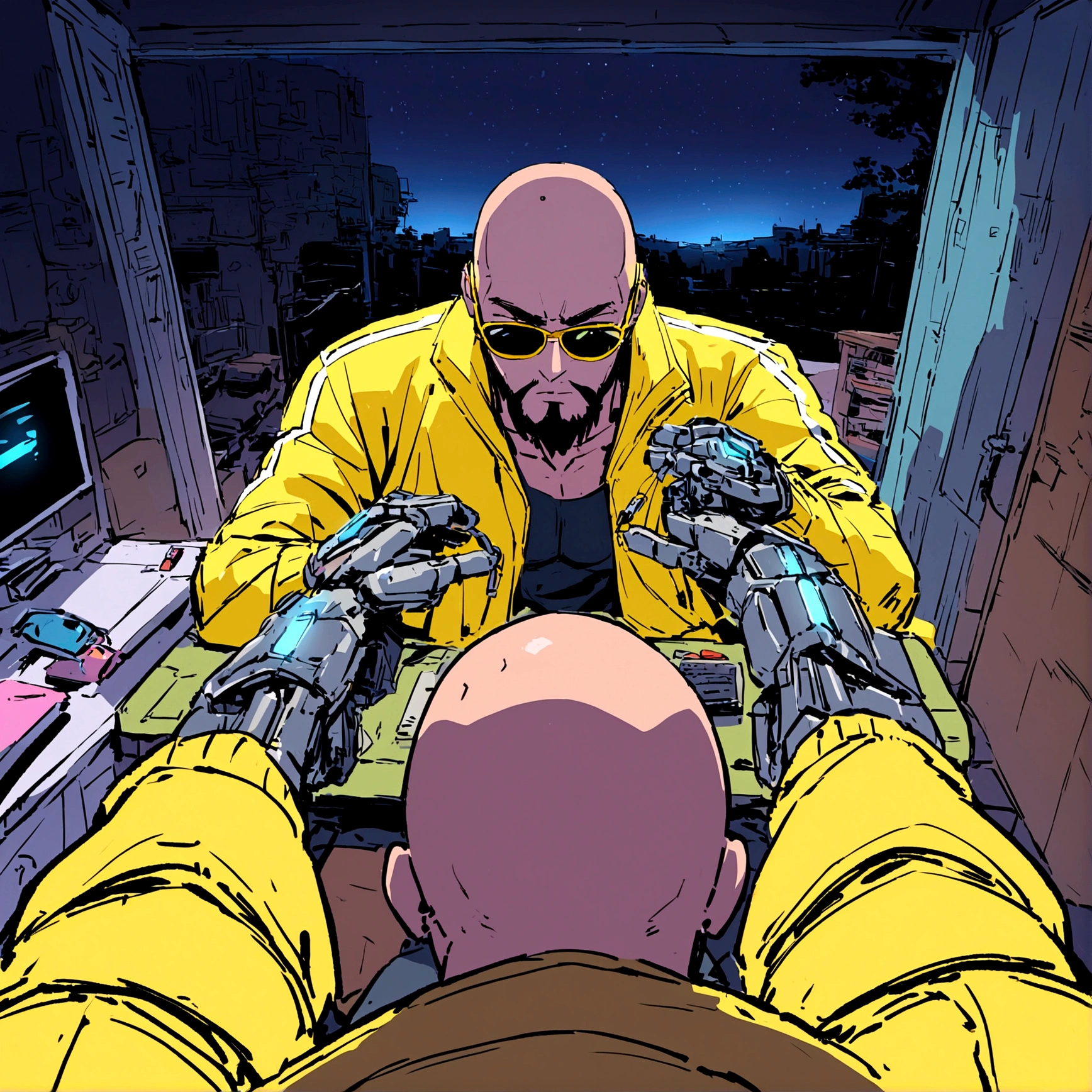 A bald guy with a short and stylish brown beard, athletic body, wearing yellow jacket with blue neon, sunglasses, robotic arm implants, connected ends, in his bedroom, using a computer to hack, sci fi environment, night-time, POV view
