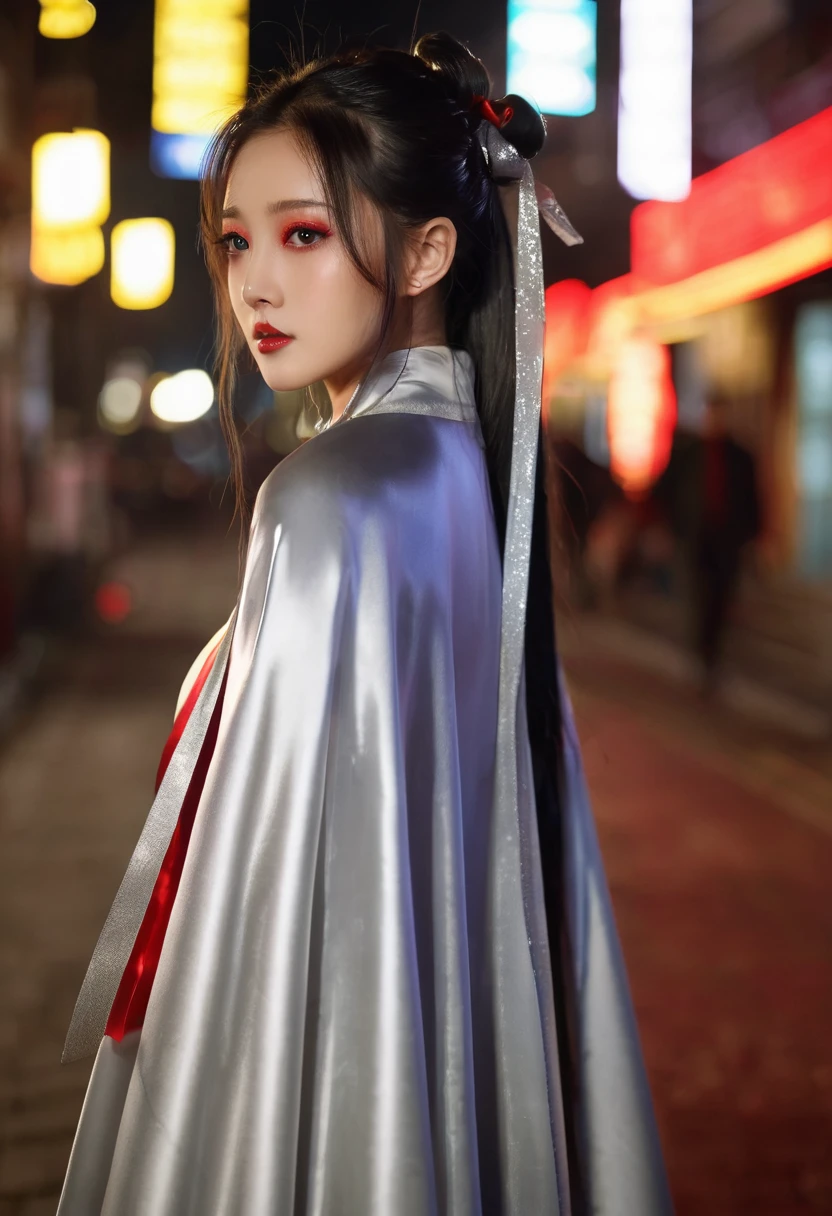 (RAW Photo) , (highly detailed:1.20) , ultra realistic :1.10) ,sexy Chinese girl in her 20s , (perfect face:1.20) , (detailed red eyes:1.20) , with long silver hair in ponytail , (((long silver satin cape tied at the neck with a ribbon :1.20))) , naked , full body, walking down street at night , high-quality ultra realistic style, detailed eyes, professional, expressive , 8K , highly detailed , professional,