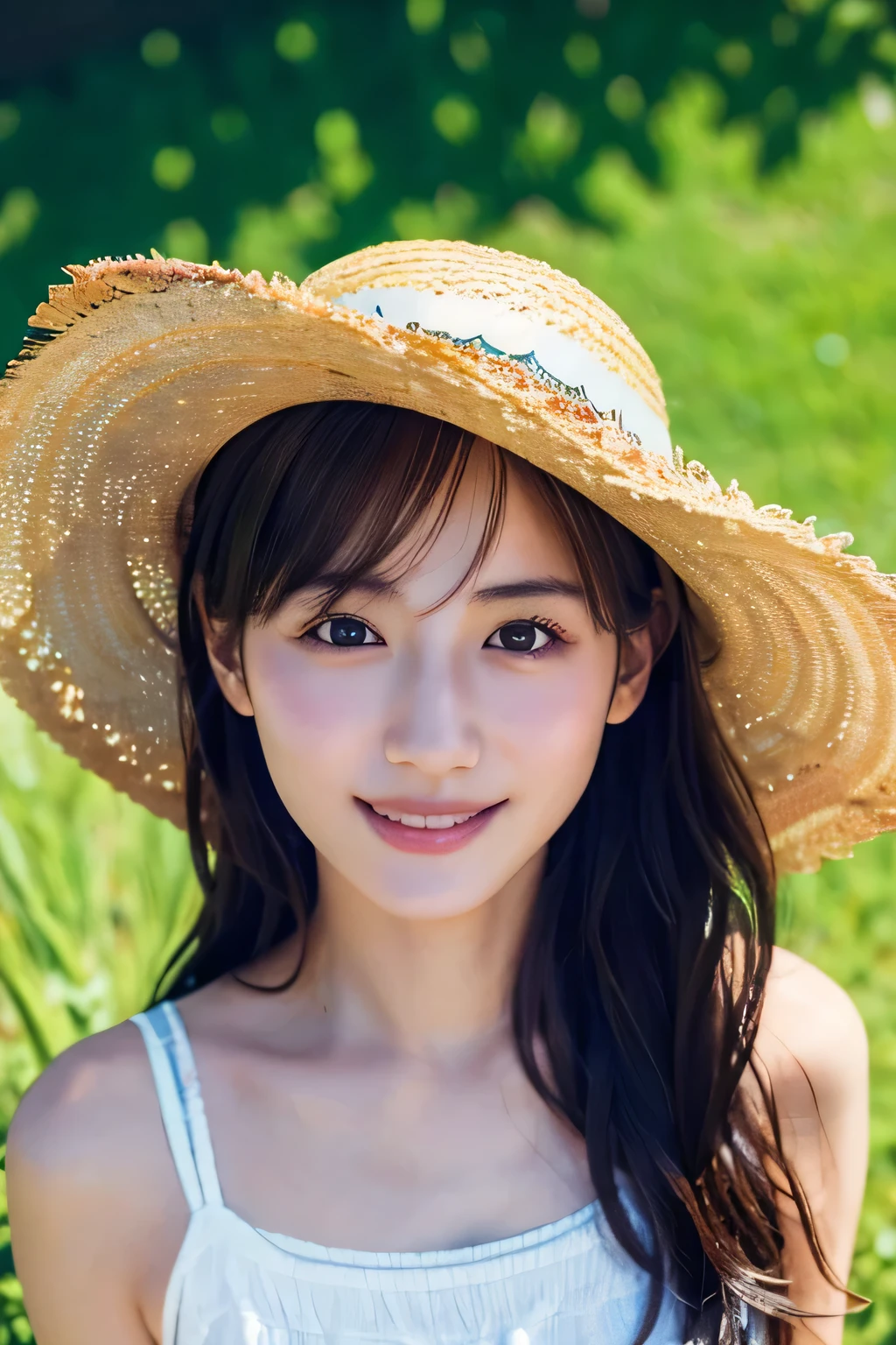 Top quality, 1 beautiful woman, Sunlight, ((masterpiece, Highest quality, High resolution)), smile, (Wear a straw hat:1.3), 1 Japanese girl, (Realistic: 1.4), Great face, 15 years old, Medium Hair, (Beautiful Hair:1.5), one piece, Meadow and blue sky, (Top view:1.3), Smooth, Highly detailed CG composite 8K wallpaper, High resolution RAW color photos, Professional photography, Light, BackLight, dream-like, impressive, Written boundary depth