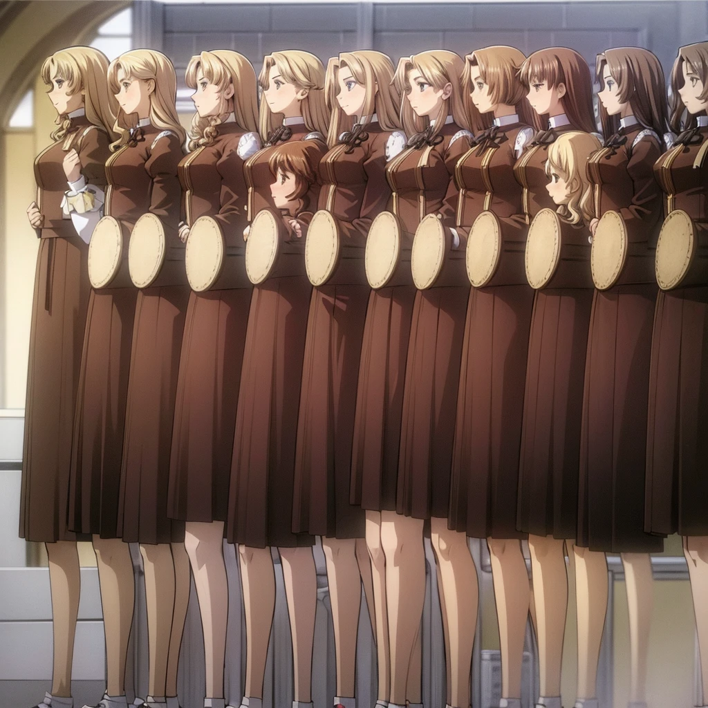 masterpiece, high quality, Multiple girls, organization, Same sisters, Blonde Hair, curls, (brown haired sisters, Blonde sisters, many sisters, Match hairstyle, different hair colors), Hazel eyes, Medium bust, ((Matching Clothing, Uniforms)), Smile, flat_color, Same height, organization pose, Back to back,