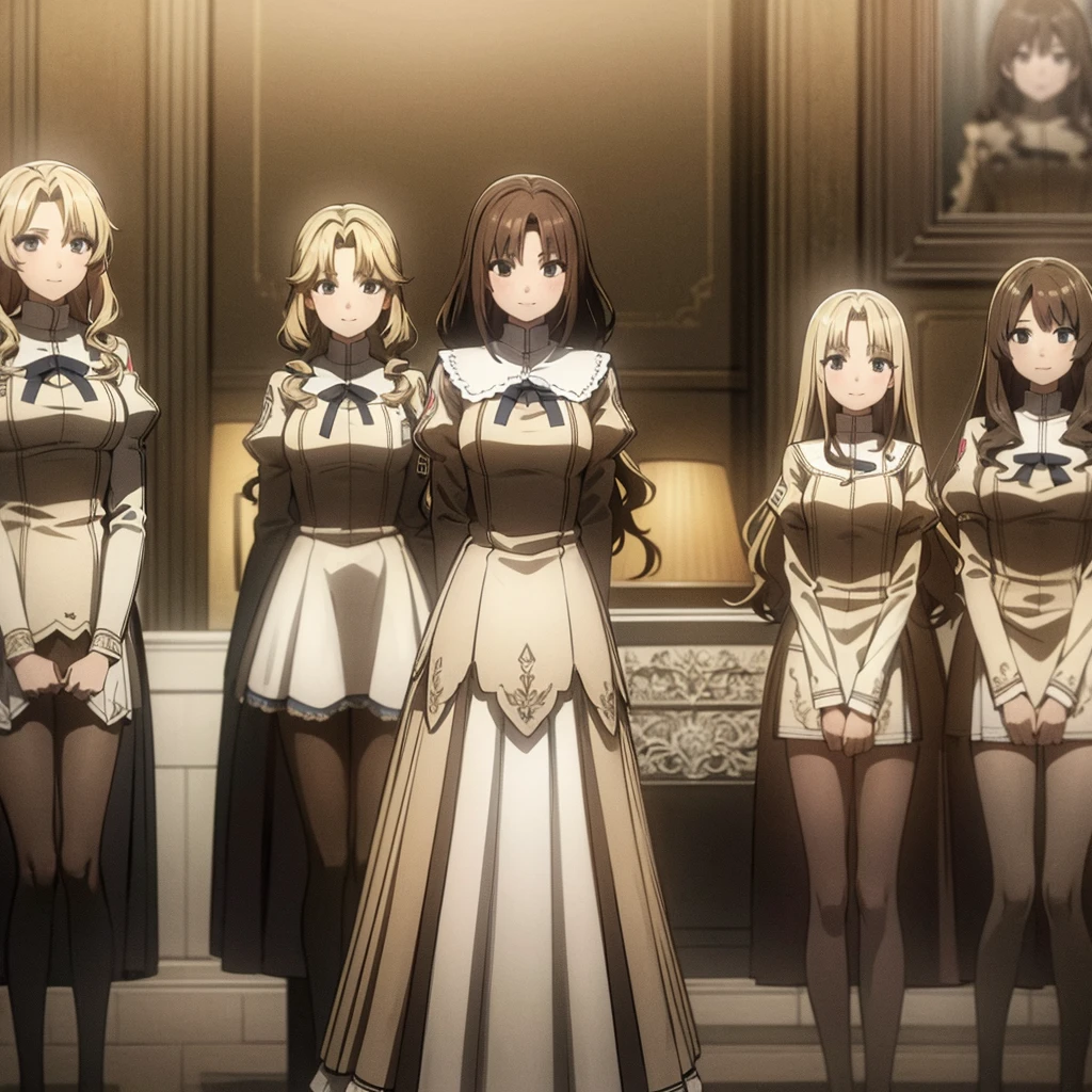 masterpiece, high quality, Multiple girls, organization, Same sisters, Blonde Hair, curls, (brown haired sisters, Blonde sisters, many sisters, Match hairstyle, different hair colors), Hazel eyes, Medium bust, ((Matching Clothing, Uniforms)), Smile, flat_color, Same height, organization pose, Back to back,