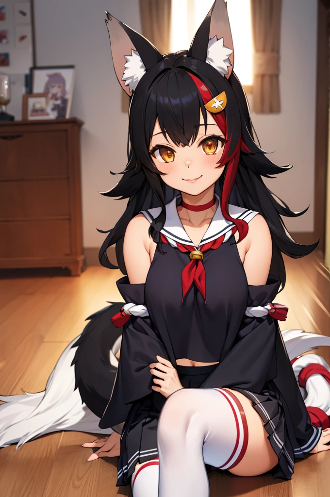 miosha1, hair ornament, wolf tail, red choker, black shirt, sailor collar, detached sleeves, black skirt, pleated skirt, white thighhighs, midriff, bell, rope,indoor,smile,looking viewer