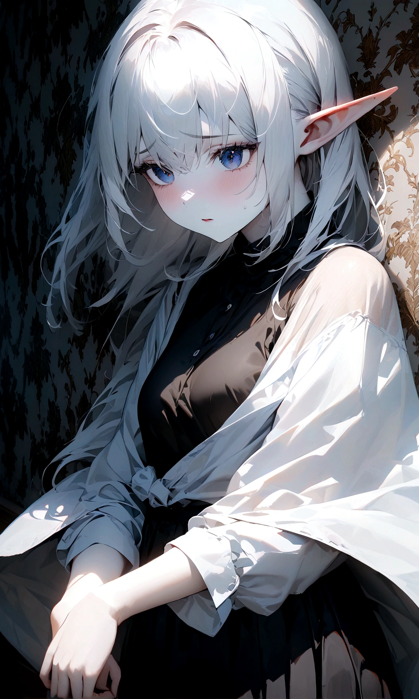 quality\(masterpiece, best quality,8k,wallpaper of extremely detailed CG unit,hight resolution,top-quality,top-quality real texture skin,hyper realisitic,increase the resolution,RAW photos,best qualtiy,highly detailed,the wallpaper\), BREAK ,1girl\(long white hair, dark blue eyes,elf, pale skin, dark circles under her eyes\),(dress on wind)