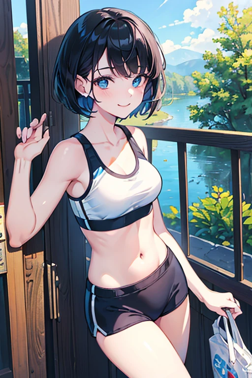 ((Highest quality)), ((masterpiece)), (Familiar), Illustration Style,Perfect Face,1 Girl,Black Hair,Short Hair,Glowing Skin,big, Bright Blue Eyes,Beautiful Bangs,Small breasts,Super Beauty,woman,s old,Sports Bra ,Beautiful clothes,noon,smile