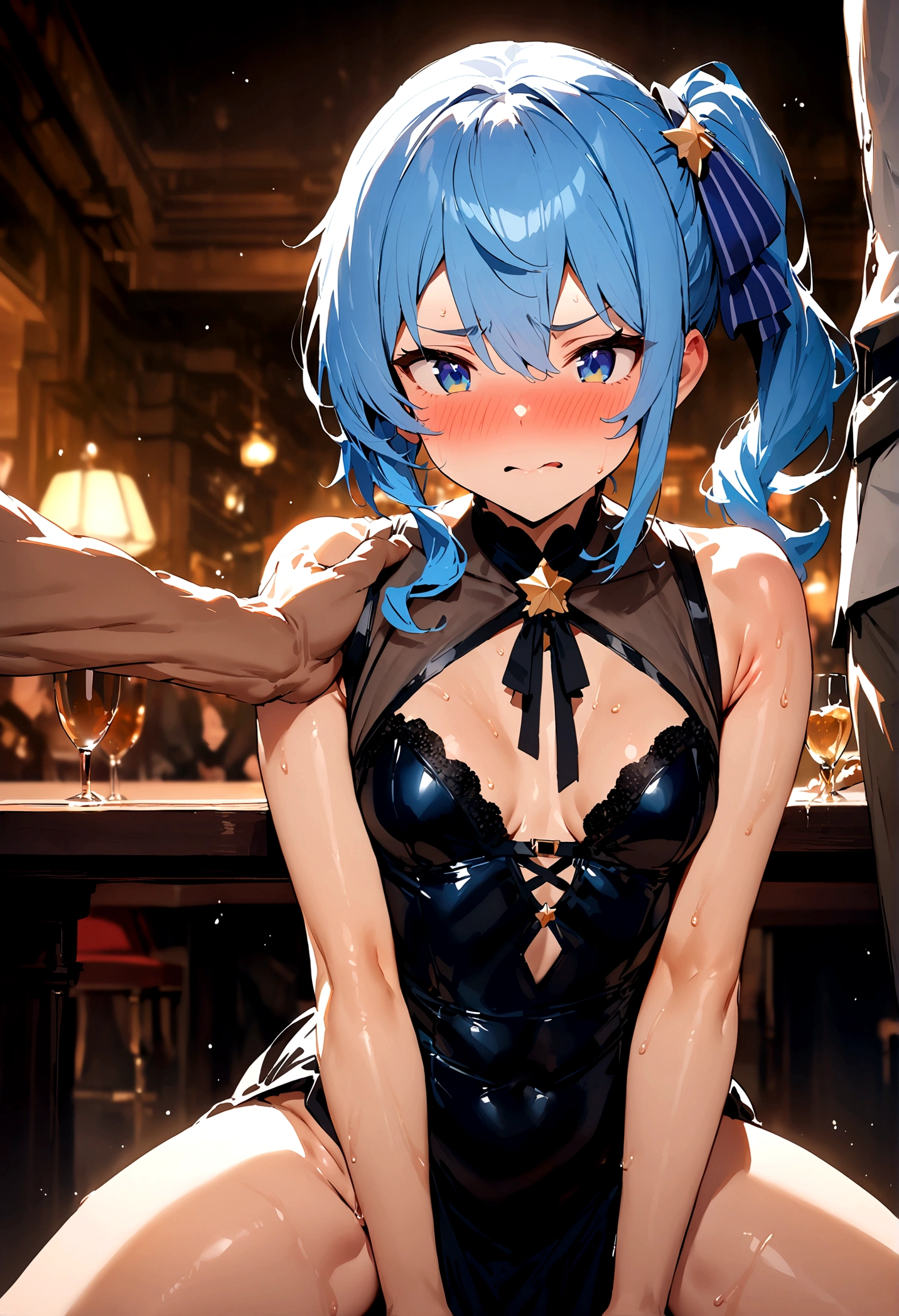 NSFW,masterpiece,Highest quality,High resolution,Super detailed,Star Town Suisei\(Hololive\),Blue Hair,One Side Ponytail,Blue Eyes,Small breasts,satin harness,dress,Prostitute,Adventurer&#39;s Guild,reception,table,Embarrassed,(Expecting face),Frustrated face,(Fawning),(Strong-faced men),(Body touch),(caress),Having sex,Insert,Creampie,(Squirting)