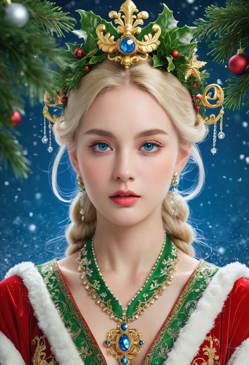 a beautiful empress portrait, blonde hair, perfect blue eyes, with a brilliant, impossible striking big Christmas headpiece, clothes Santa robes, everything Christmas, snow, symmetrical, dramatic studio lighting, rococo, baroque, greens, asian, hyperrealism, closeup, D&D, fantasy, intricate, elegant, highly detailed, digital painting, artstation, octane render, 8k, concept art, matte, sharp focus