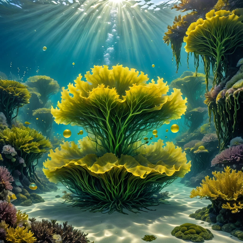 there is a large amount of seaweed floating in the water, yellow seaweed, seaweed floating, seaweed and bubles, floating kelp, sea kelp, sea weed, kelp, seaweed, kelp and moss all over, sea plants, tall kelp, plume of seaweed, kelp forest, with seaweed, translucent algae ornate, underwater plants