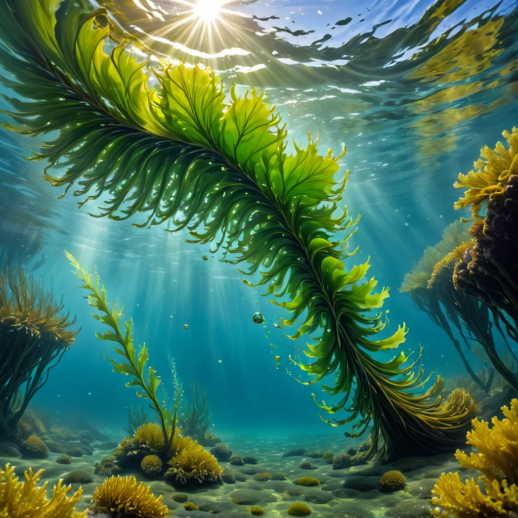 there is a large amount of seaweed floating in the water, yellow seaweed, seaweed floating, seaweed and bubles, floating kelp, sea kelp, sea weed, kelp, seaweed, kelp and moss all over, sea plants, tall kelp, plume of seaweed, kelp forest, with seaweed, translucent algae ornate, underwater plants