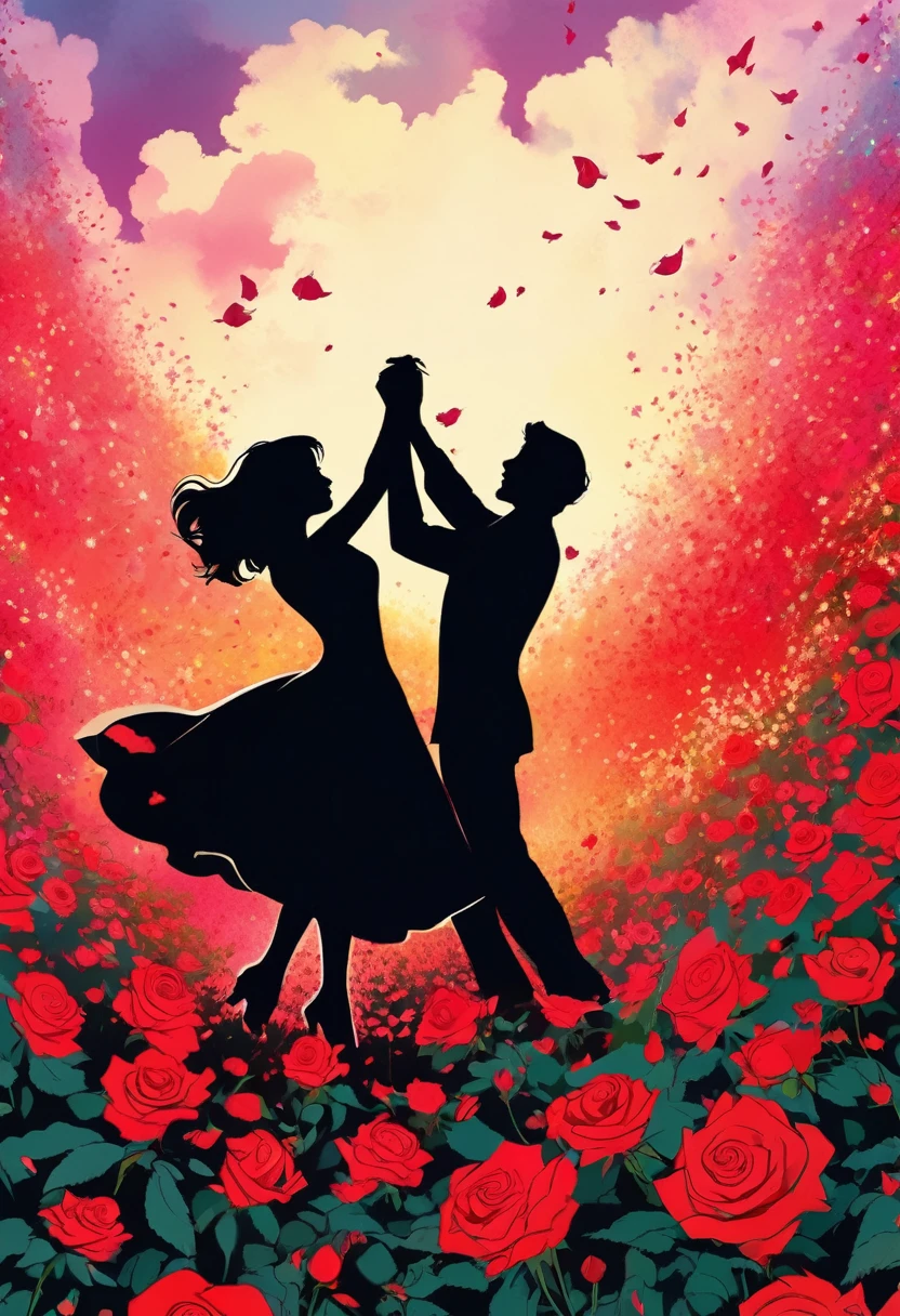 a black silhouette of a couple dancing in the middle of a red rose flower meadow, romantic atmosphere, vector, vivid colors, lush floral landscape, dramatic lighting, manga style, digital art, by Marshall Arisman, cover illustration, 70mm, 7 0 mm, 70 mm, book cover illustration, by Brigette Barrager, album cover, novel cover art for a book, art concept for a book cover, cover art, 7 feet tall,