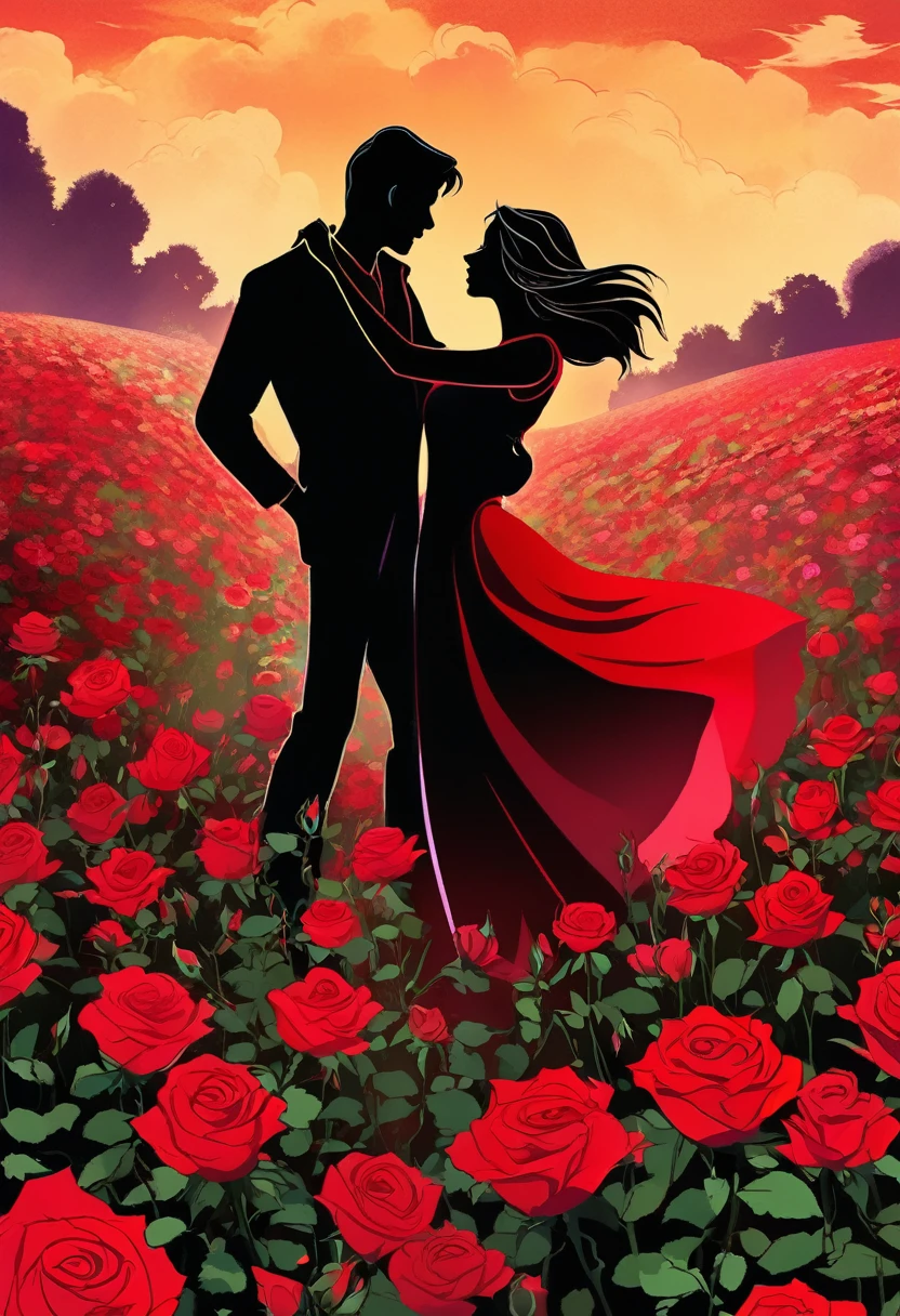 a black silhouette of a couple dancing in the middle of a red rose flower meadow, romantic atmosphere, vector, vivid colors, lush floral landscape, dramatic lighting, manga style, digital art, by Marshall Arisman, cover illustration, 70mm, 7 0 mm, 70 mm, book cover illustration, by Brigette Barrager, album cover, novel cover art for a book, art concept for a book cover, cover art, 7 feet tall,
