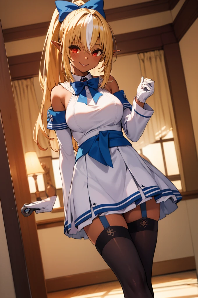 1girl, shiranui flare, streaked hair, dark skin, long hair, blonde hair, hair bow, blue bow, pointy ears, solo, white gloves, detached sleeves, garter straps, white thighhighs, white dress, red eyes, red bowtie, white hair, long sleeves, ponytail,indoor,smile,looking viewer