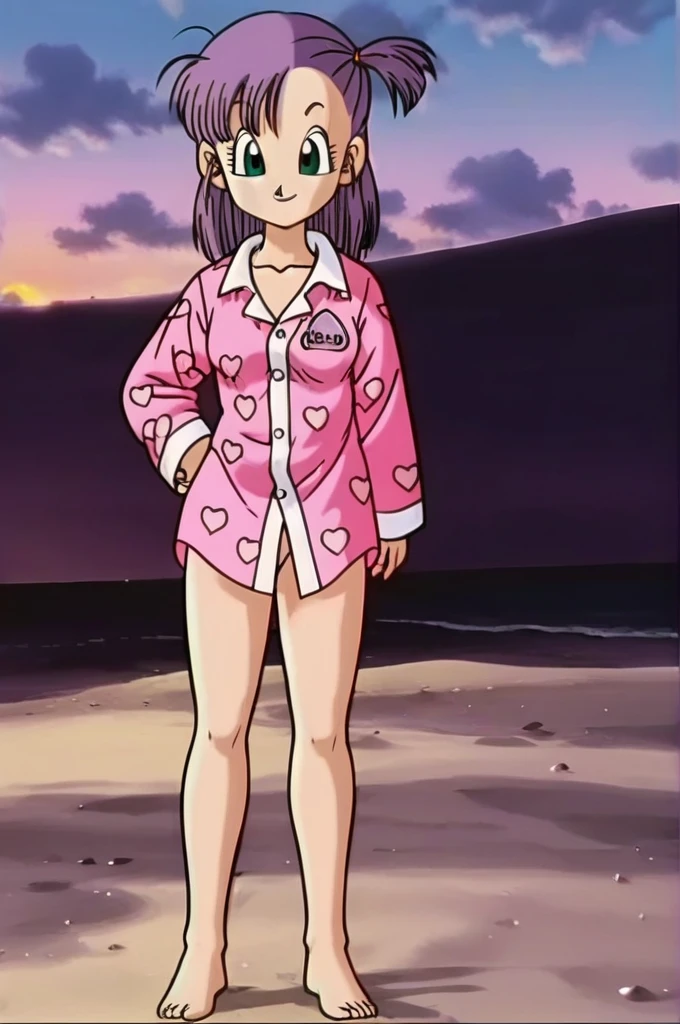 source_anime, score_9, score_8_up, score_7_up, anime screencap,
bulma, 1girl, solo, looking at viewer, smile, sunset, beach, green eyes, standing, full body, purple hair, heart, barefoot, hand on hip, one side up, pajamas, heart print, pink pajamas, clothes writing,revealing breast,nude body, little tits,open pajamas,no pants,porn