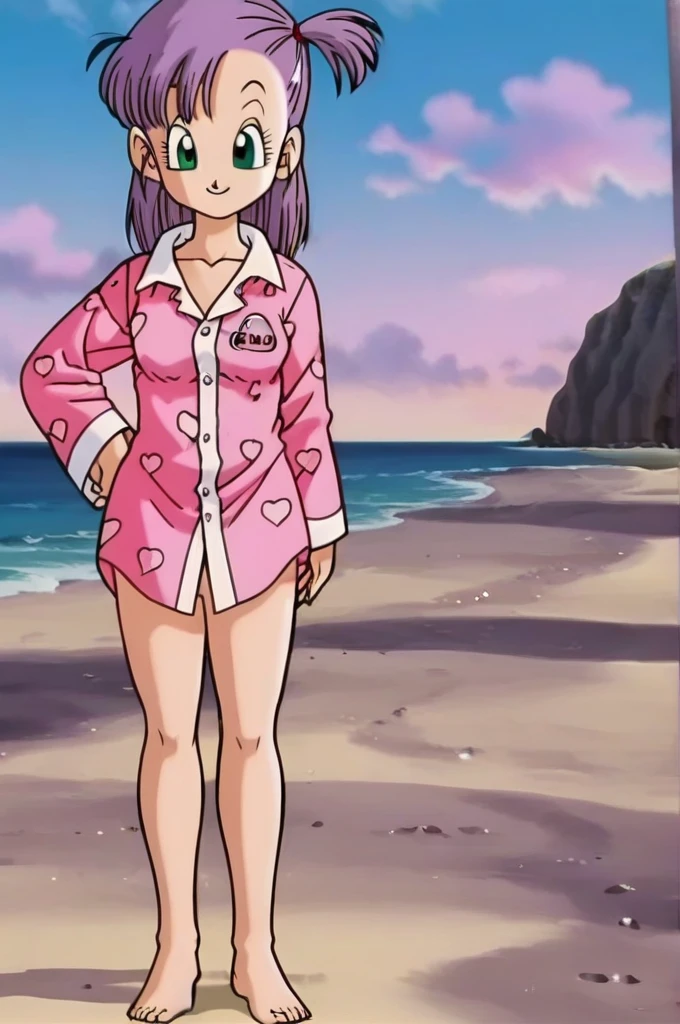 source_anime, score_9, score_8_up, score_7_up, anime screencap,
bulma, 1girl, solo, looking at viewer, smile, sunset, beach, green eyes, standing, full body, purple hair, heart, barefoot, hand on hip, one side up, pajamas, heart print, pink pajamas, clothes writing,revealing breast,nude body, little tits,open pajamas,no pants,porn
 