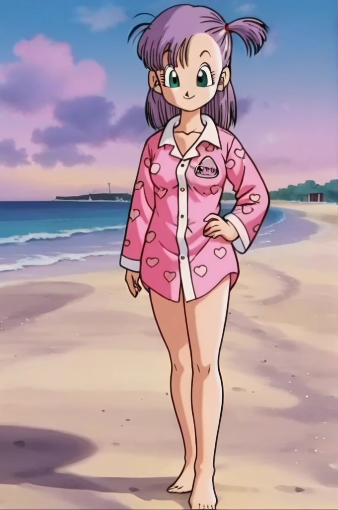 source_anime, score_9, score_8_up, score_7_up, anime screencap,
bulma, 1girl, solo, looking at viewer, smile, sunset, beach, green eyes, standing, full body, purple hair, heart, barefoot, hand on hip, one side up, pajamas, heart print, pink pajamas, clothes writing,revealing breast,nude body, little tits,open pajamas,no pants,porn