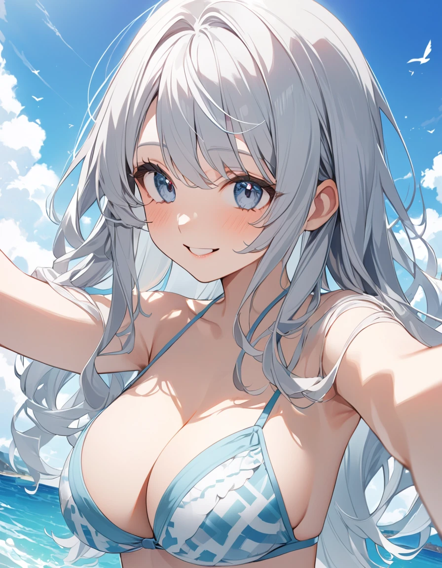 8K, Highest quality, masterpiece, Wallpapers by Unity 8K、(One Girl) , 、 Perfect detail,(One Girl),cute、Big eyes、smile、(((Silver Hair))),(Her hair color is a blue-gray gradient), Semi-long hair, Very detailed, Complex,Larger breasts、bikini、summer、Ocean、blue sky