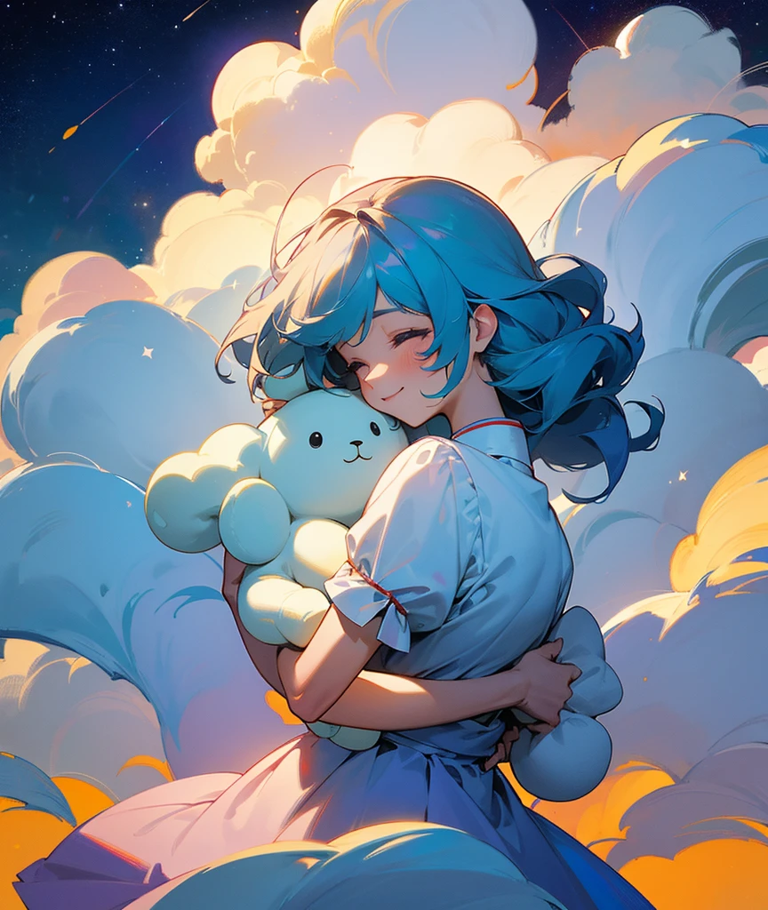 The universe like a canvas and the stars like paint drawing the bright silhouette of a beautiful woman who smiles and hugs a stuffed animal made of clouds.