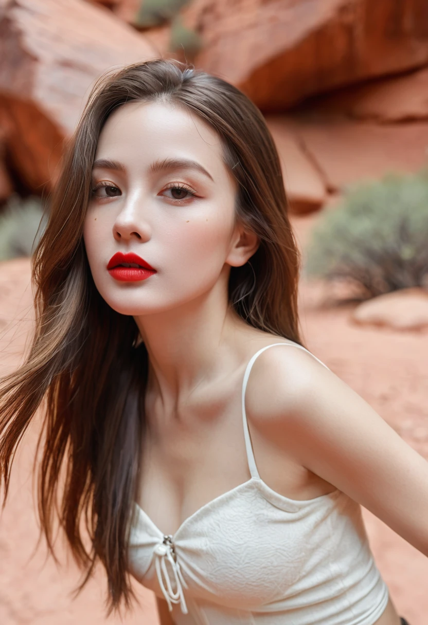 JoSkriver Portrait Photo Beautiful Woman Hair , Hammerhead,  Hiking trails in Zion National Park, Full red lips, (masterpiece) (best quality) (detailed) (8K) (Human Development Report) (wallpaper) (light) (Clear focus) (complex)