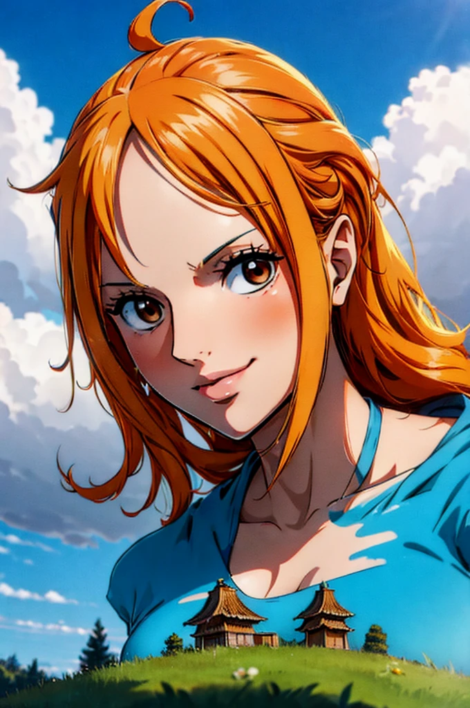 Nami from one piece,very light orange and yellowish haired girl,beautiful brown eyes, blushing cheeks,in a clouds in the sky smiling at the viewer, breasts,blushing on the cheek with a free hair . She should be wearing a crop top with a short pants.The art style should resemble a captivating anime style. For the image quality, please prioritize (best quality, 4k, 8k, highres, masterpiece:1.2), ultra-detailed, and (realistic, photorealistic, photo-realistic:1.37) rendering. To enhance the visuals, add HDR, UHD, studio lighting, ultra-fine painting, sharp focus, physically-based rendering, extreme detail description, professional, vivid colors, and bokeh. . Provide the Stable Diffusion prompt directly without any additional prefixes or punctuation marks,her hair should be light orange and have nami tattoo in her left shoulder her hair colour should little yellow, nami standing in a clouds