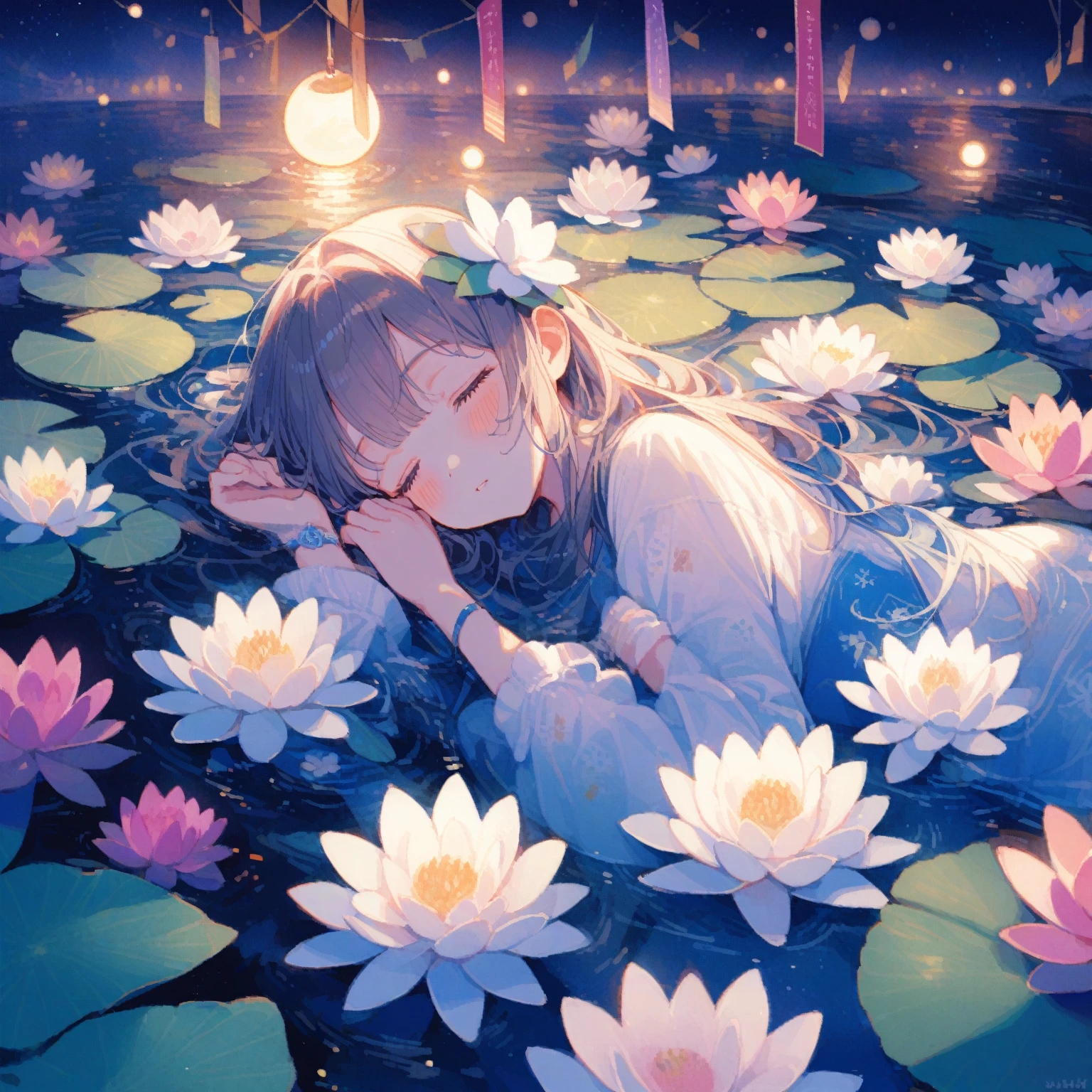 1girl、Water Lily、Sleeping at night、「Pure Heart」「trust」「Belief」、Tanabata Festival、Immersed in water、tegaki