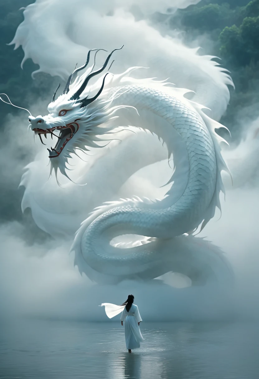 White Chinese dragon looking down on a woman over a misty lake. cloud, Thick Fog, Symmetrical Configuration, A woman in a white robe walks on the lake and looks at a dragon, Full of mystery, close