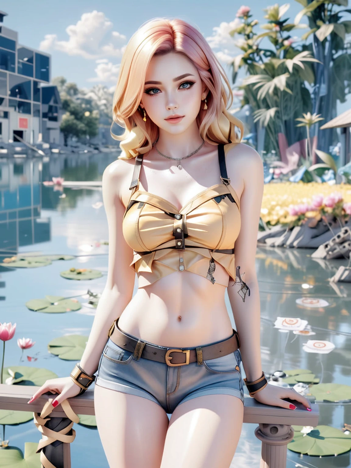 arafed woman in a bikini top and shorts posing by a pond, trending on cgstation, realistic anime 3 d style, photorealistic anime girl render, 🌺 cgsociety, artwork in the style of guweiz, deviantart artstation cgscosiety, trending at cgstation, seductive anime girl, realistic artstyle, beautiful alluring anime woman, realistic bikini