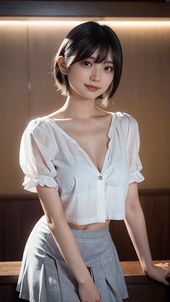 Short Hair、A loose white see-through blouse、flare skirt、Hime cut、hair accessory、Nipple erection、Skirt folded up、little smile、
ultra-detailed, high resolution, extremely detailed CG, unity 8k wallpaper, official art, super detailed skin, perfect anatomy, cinematic lighting, beautiful detailed eyes, depth of field、(((anatomically correct))), ideal ratio body proportions、,Japanese Girl - SDXL