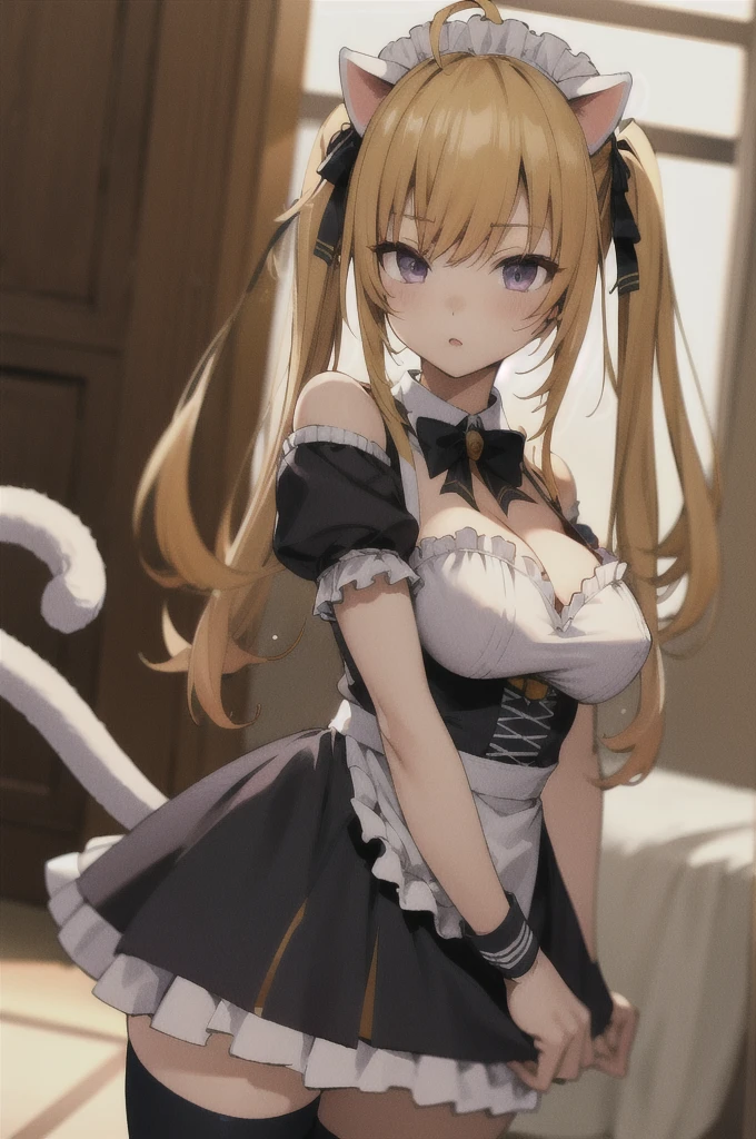 masterpiece, best quality, highres, hmtr, twintails, ahoge, maid headdress, animal ears, hair ribbon, black ribbon, cat tail, cleavage, black bowtie, maid, black dress, short sleeves, detached sleeves, bare shoulders, wrist cuffs, white apron, black thighhighs, standing, indoors, cowboy shot, arms at sides, straight-on,