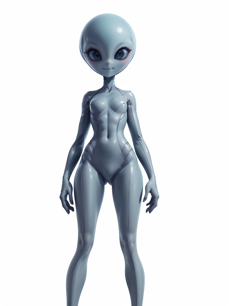 (((Masterpiece))), (high quality),(one alien girl:1.2), ,(innocent smile),5 heads,(Skinhead,Gray aliens,Large, dark, almond-shaped eyes,:1.2),(No hair, no whites, no ears:1.3),Wearing a silver body-fitting suit,Plain background,(looking away,from below:1.5)